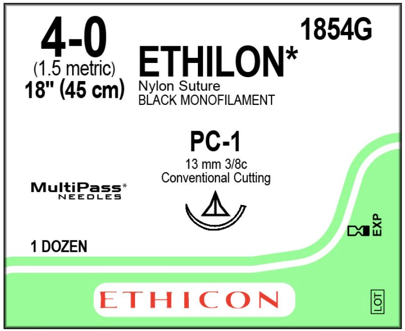 Ethicon Ethilon Nylon Suture, 4-0, 18", Black Monofilament, PC-1 Prime Conventional Cutting Needle, 3/8 Circle, 12/Box, 1854G