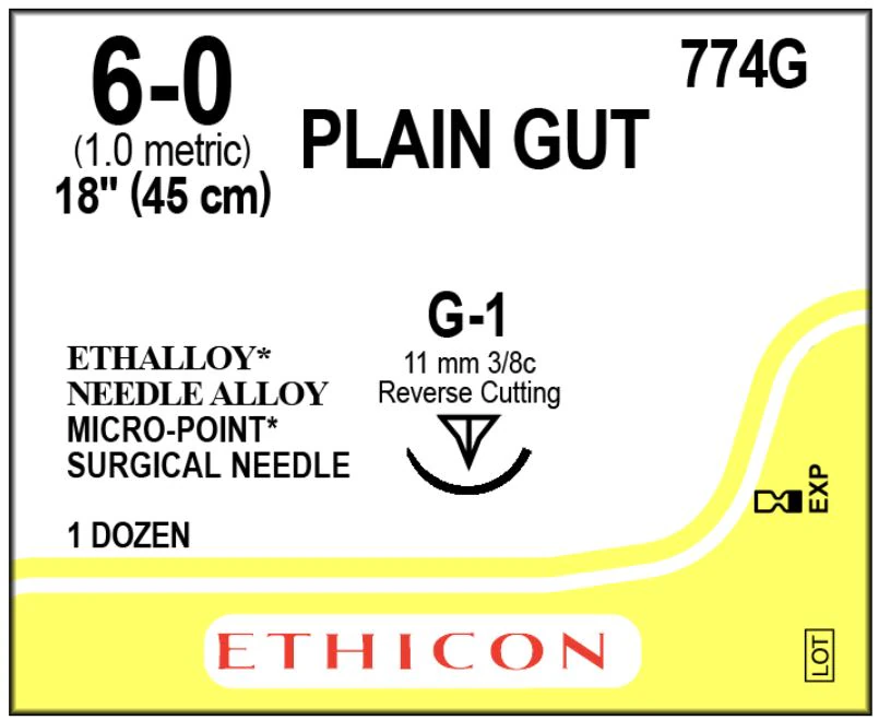 Ethicon Surgical Gut Suture, Plain, Monofilament, 6-0, 18" Length, G-1 Cutting Edge, 3/8 Circle Needle, 11mm, Uncoated, Yellowish Tan, 12/Box, 774G