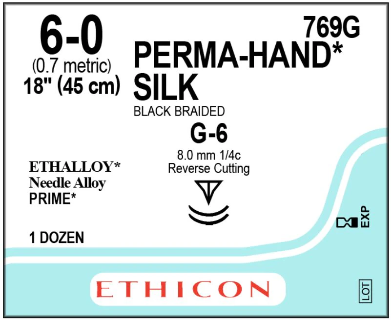 Ethicon Perma-Hand Silk Braided Non-Absorbable Suture, 6-0, 18", G-6 Reverse Cutting Needle, Black, 12/Box, 769G