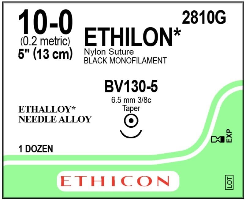 Ethicon Ethilon Nylon Suture, 10-0, Black Monofilament, BV130-5 Taper Point Needle, 3/8 Circle, 5", 12/Box, 2810G