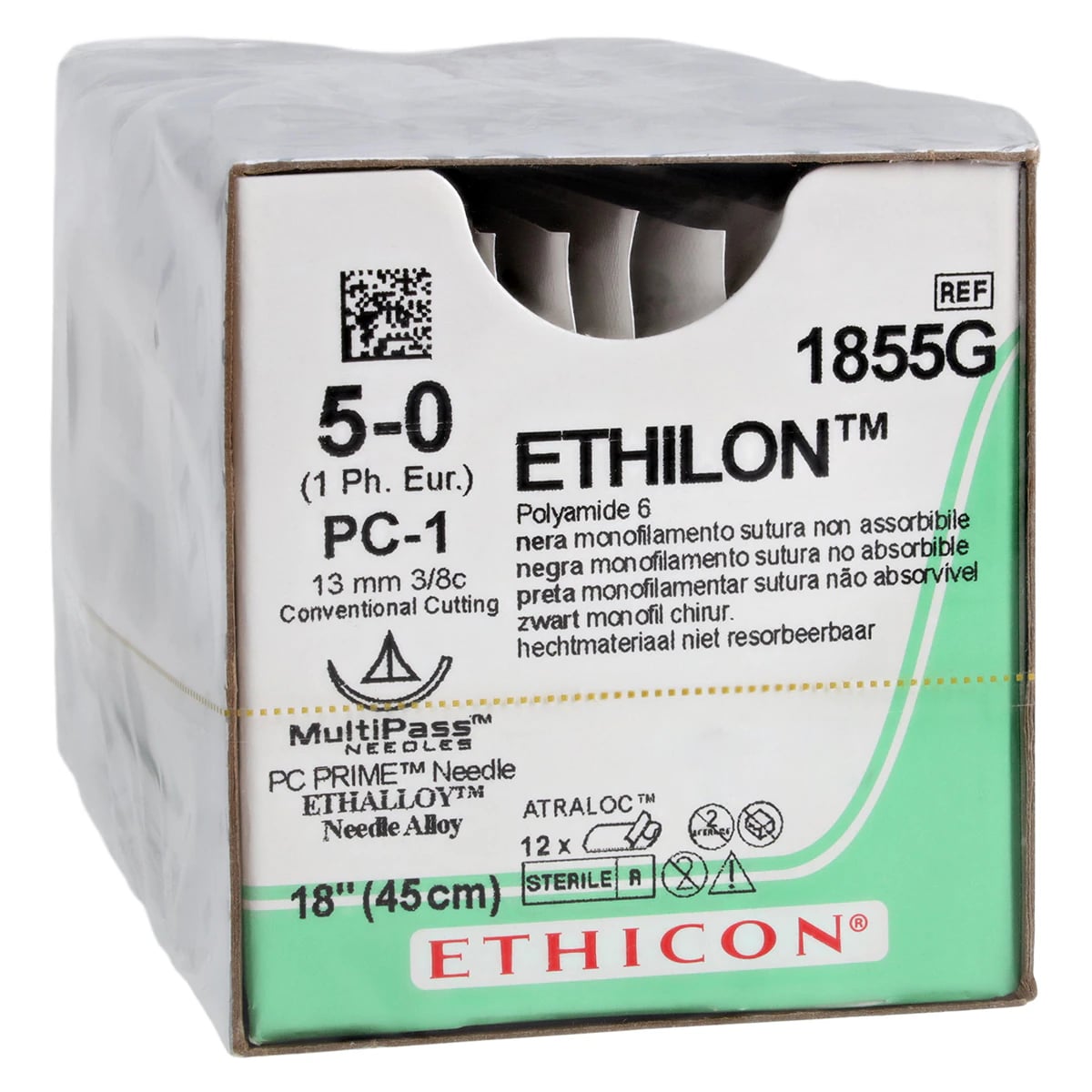 Ethicon Ethilon Nylon Suture, 5-0, 18", Black Monofilament, PC-1 Prime Conventional Cutting Needle, 3/8 Circle, 12/Box, 1855G