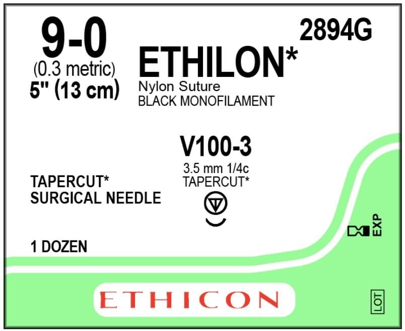 Ethicon Ethilon Nylon Suture, 9-0, Black Monofilament, V100-3 Tapercut Needle, 5", 12/Box, 2894G