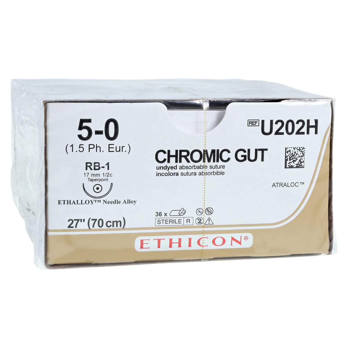 Ethicon Surgical Gut Suture, Chromic, 5-0, 27" Needle, RB-1 Taper Point, 1/2 Circle, 17mm, Brown, 36/Bx, U202H