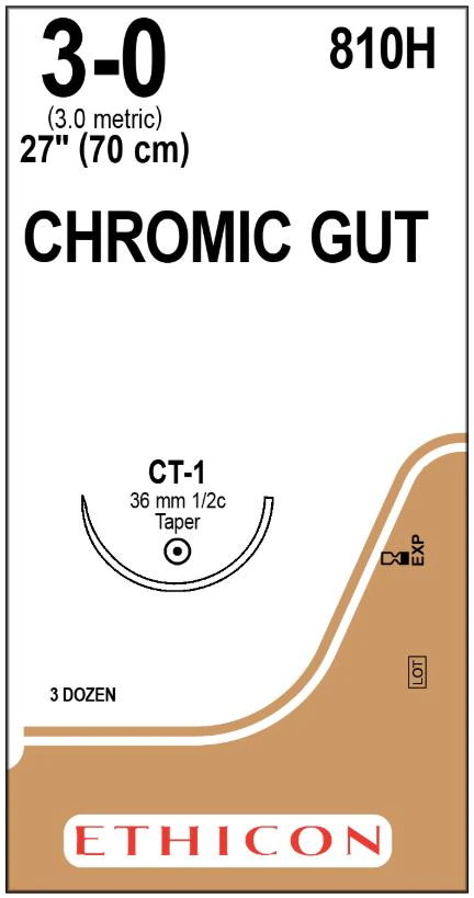 Ethicon Surgical Gut Suture, Chromic, 3-0, 27" Needle, CT-1 Taper Point, 1/2 Circle, 36/Bx, 810H
