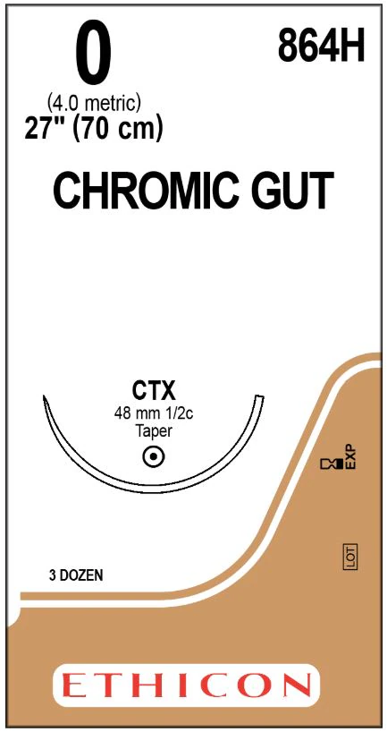 Ethicon Chromic Gut Surgical Suture, Size 0, 27" CTX Taper Point 1/2 Circle Needle, 36/Bx, 864H