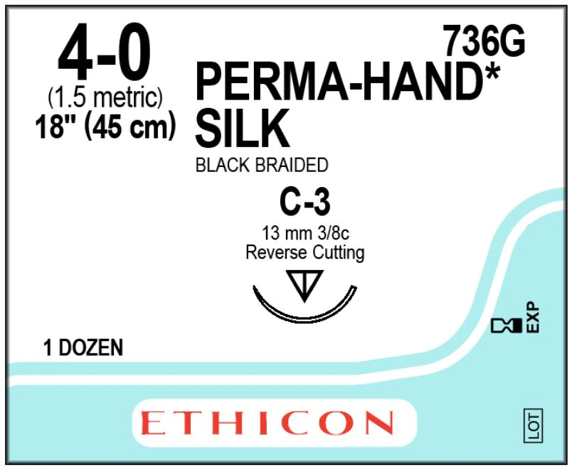 Ethicon Perma-Hand Braided Silk Non-Absorbable Sutures, 4-0, 18", Black, C-3 Reverse Cutting Needle, 3/8 Circle, 12/Box, 736G