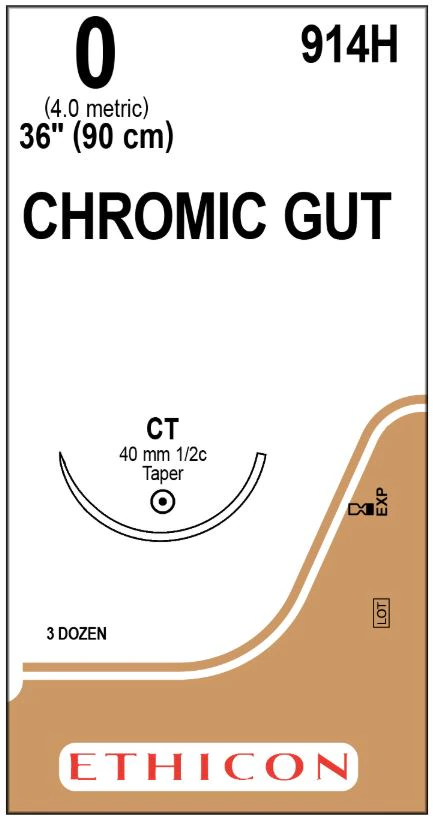 Ethicon Chromic Gut Surgical Suture, Size 0, 36", CT Taper Point 1/2 Circle Needle, 36/Bx, 914H