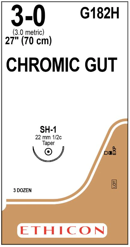 Ethicon Chromic Gut Surgical Suture, 3-0, 27", SH-1 Taper Point 1/2 Circle Needle, Brown, 36/Box, G182H