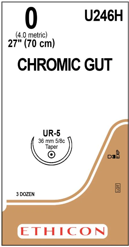 Ethicon Chromic Gut Surgical Suture, Size 0, 27", UR-5 Taper Point 5/8 Circle Needle, 36mm, 3 Dozen/Box, U246H