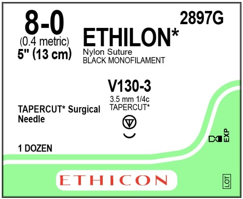 Ethicon Ethilon Nylon Suture, 8-0, 5", Black Monofilament, V130-3 Tapercut Needle, 1/4 Circle, 12/Box, 2897G