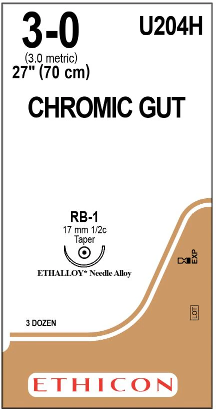 Ethicon Chromic Gut Surgical Suture, 3-0, 27", RB-1 Taper Point 1/2 Circle Needle, 36/Box, U204H