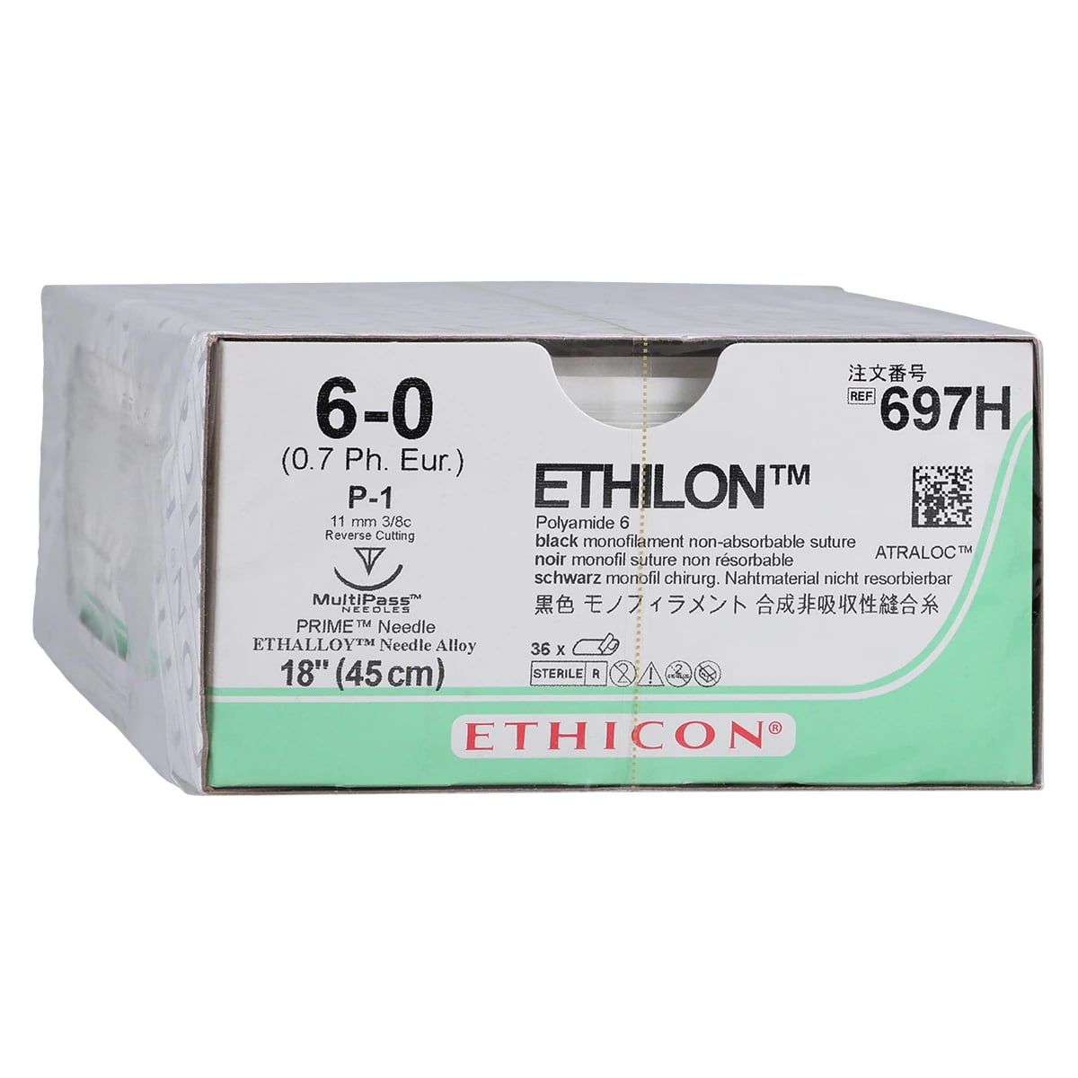 Ethilon Nylon Monofilament Non-Absorbable Suture, 6-0, 18 in, Black, P-1 Prime Reverse Cutting 3/8 Circle Needle, 36/Box