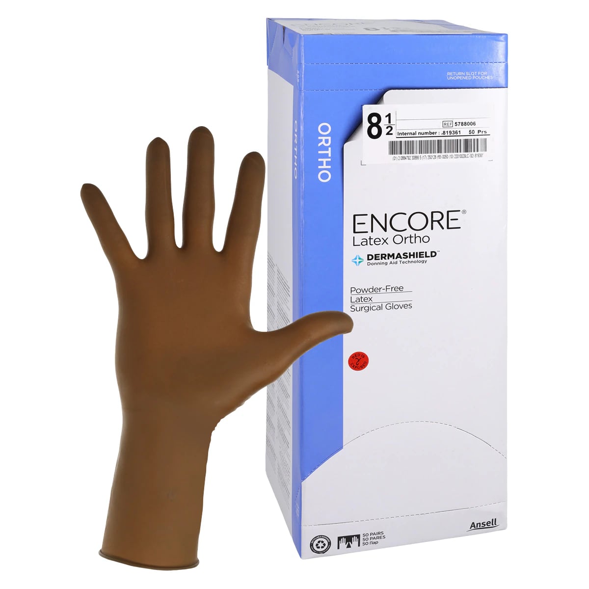 Encore Orthopaedic Latex Surgical Gloves, Size 8.5, Sterile, Powder-Free, Textured, Brown, Beaded Cuff, 50 Pairs/Box