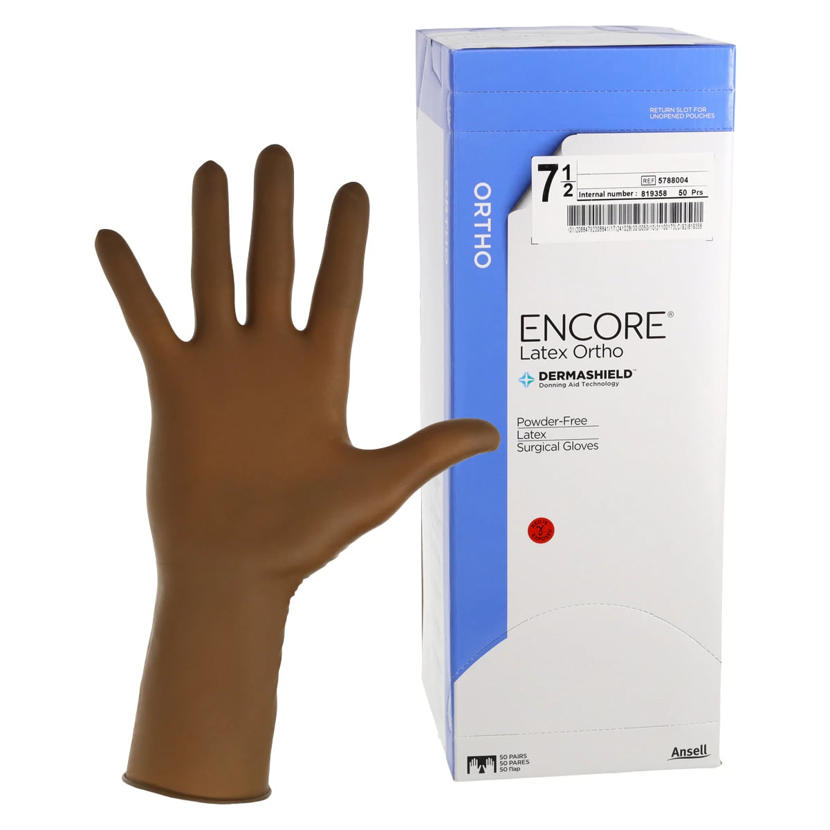 Ansell Encore Orthopaedic Latex Surgical Gloves, Powder-Free, Sterile, Size 7.5, Brown, Textured, Beaded Cuff, 50 Pairs/Box