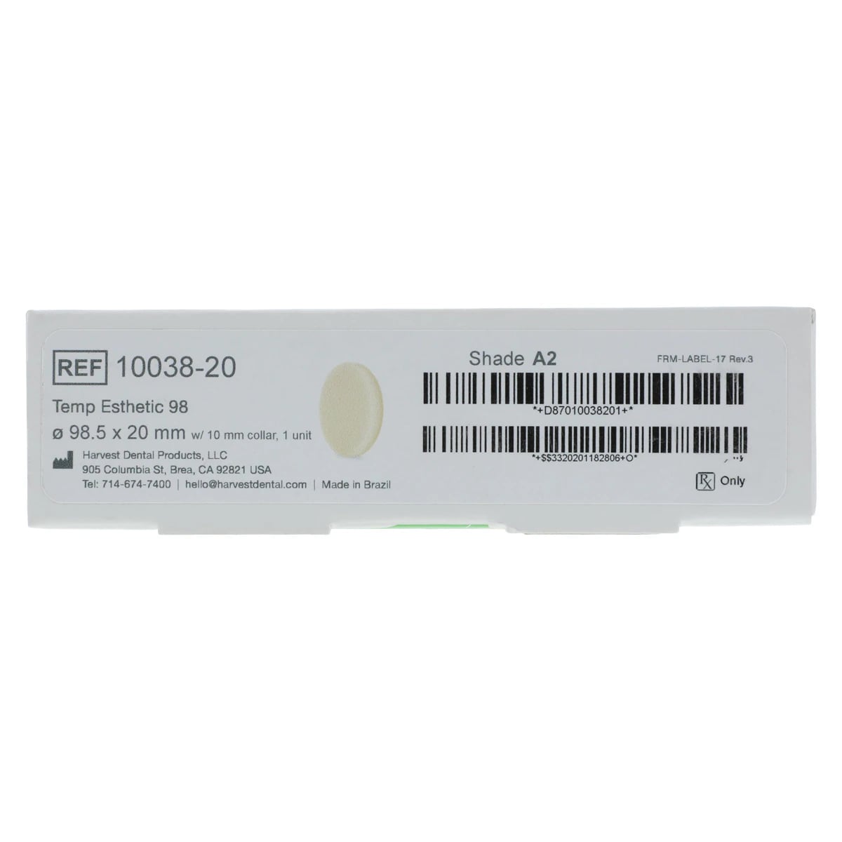 Harvest Esthetic DCL PMMA -ML- Denture + Temp Disc, 98 x 20 mm, Shade A2, 1/Pkg