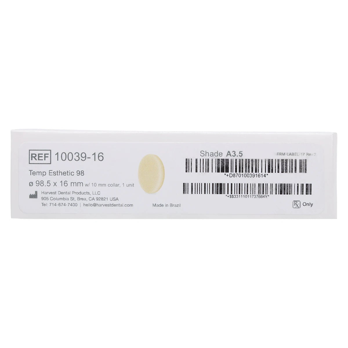 Harvest Esthetic DCL PMMA Denture + Temp Disc, A3.5, 98 x 16 mm