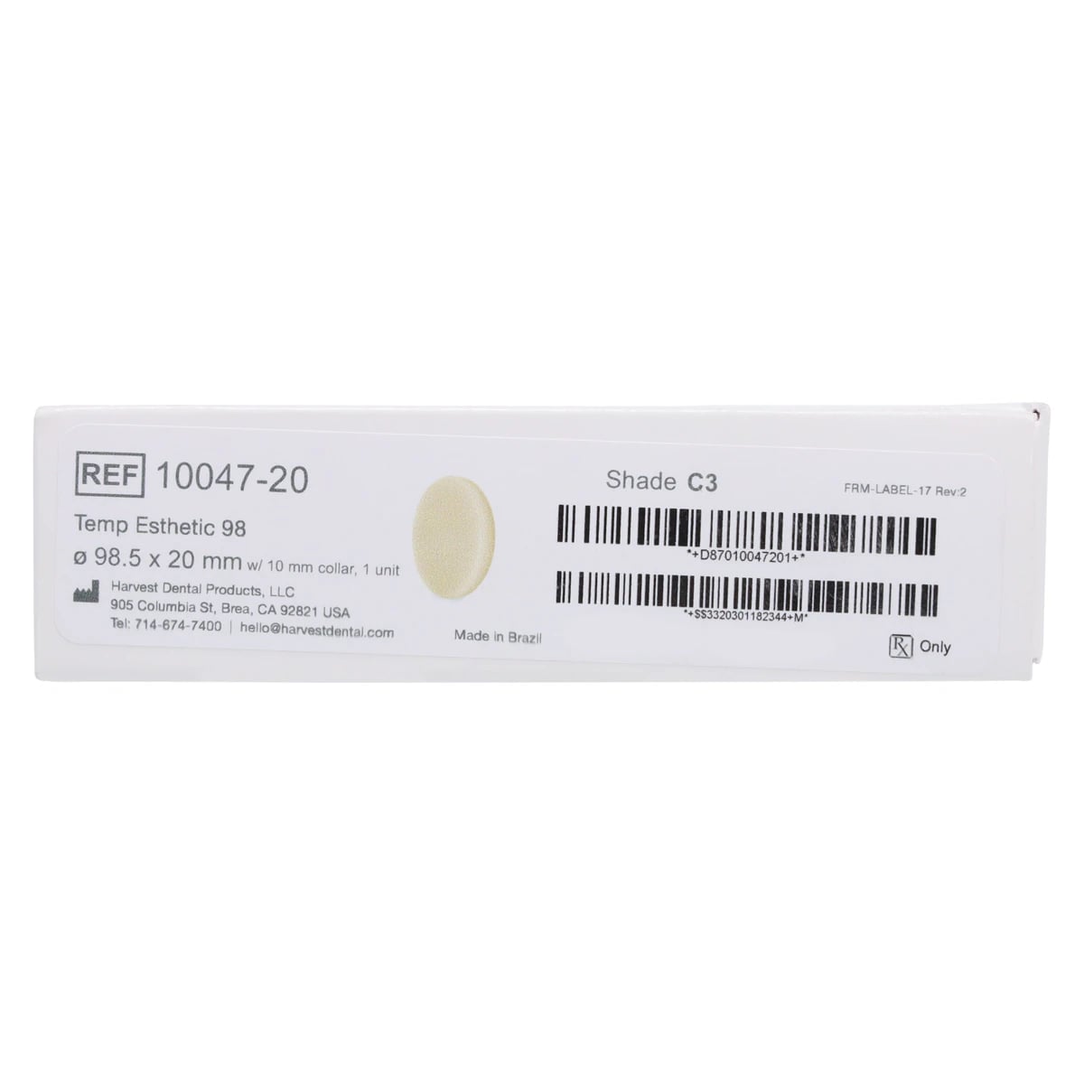 Harvest Esthetic DCL PMMA Denture + Temp Disc, 98 x 20 mm, C3 Shade, 01KEZKNHSV15W6XXQSVA7ZF4BX