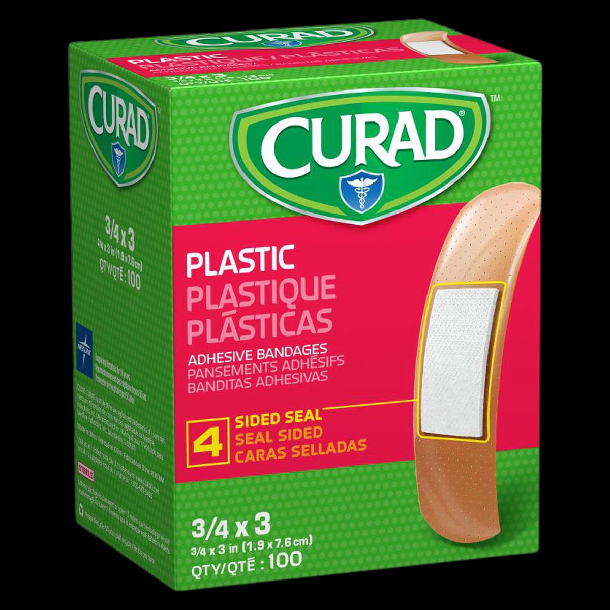 Curad Adhesive Bandage, Plastic Strip, 3" x 0.75", Natural/Tan, Sterile, 100/Box