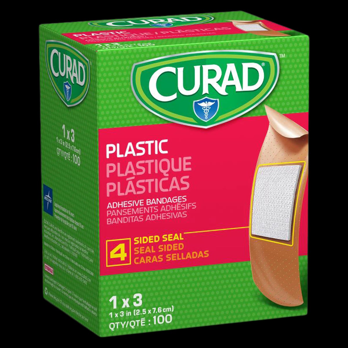 Curad Adhesive Bandage, Plastic Strip, 1" x 3", Tan/Natural, Sterile, 100/Box