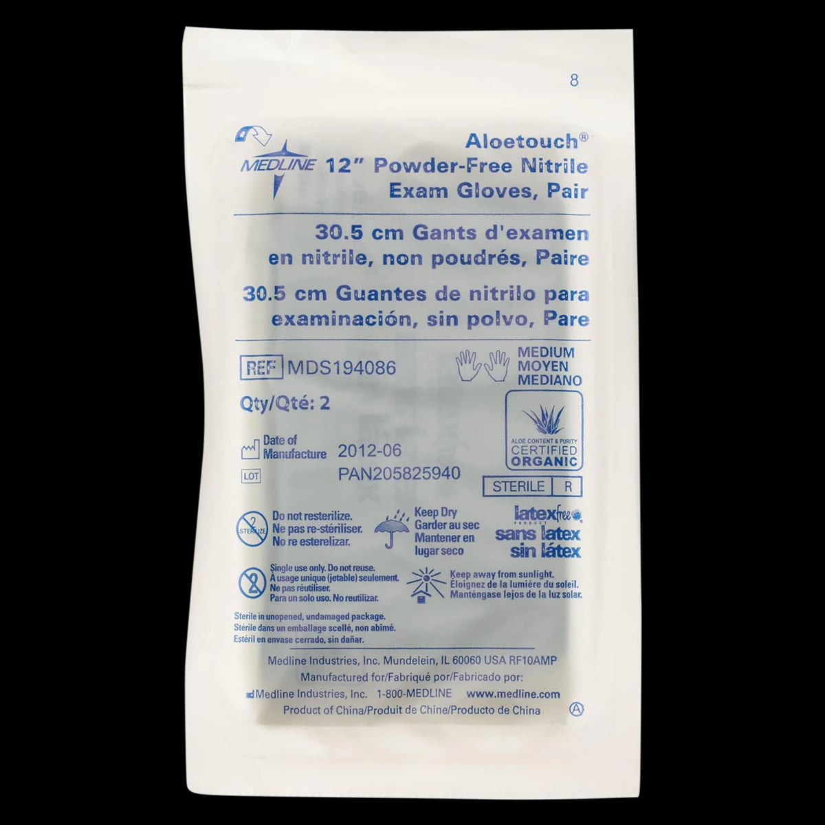 Aloetouch Nitrile Exam Gloves, Powder Free, Sterile, Medium, Green, Chemo Tested