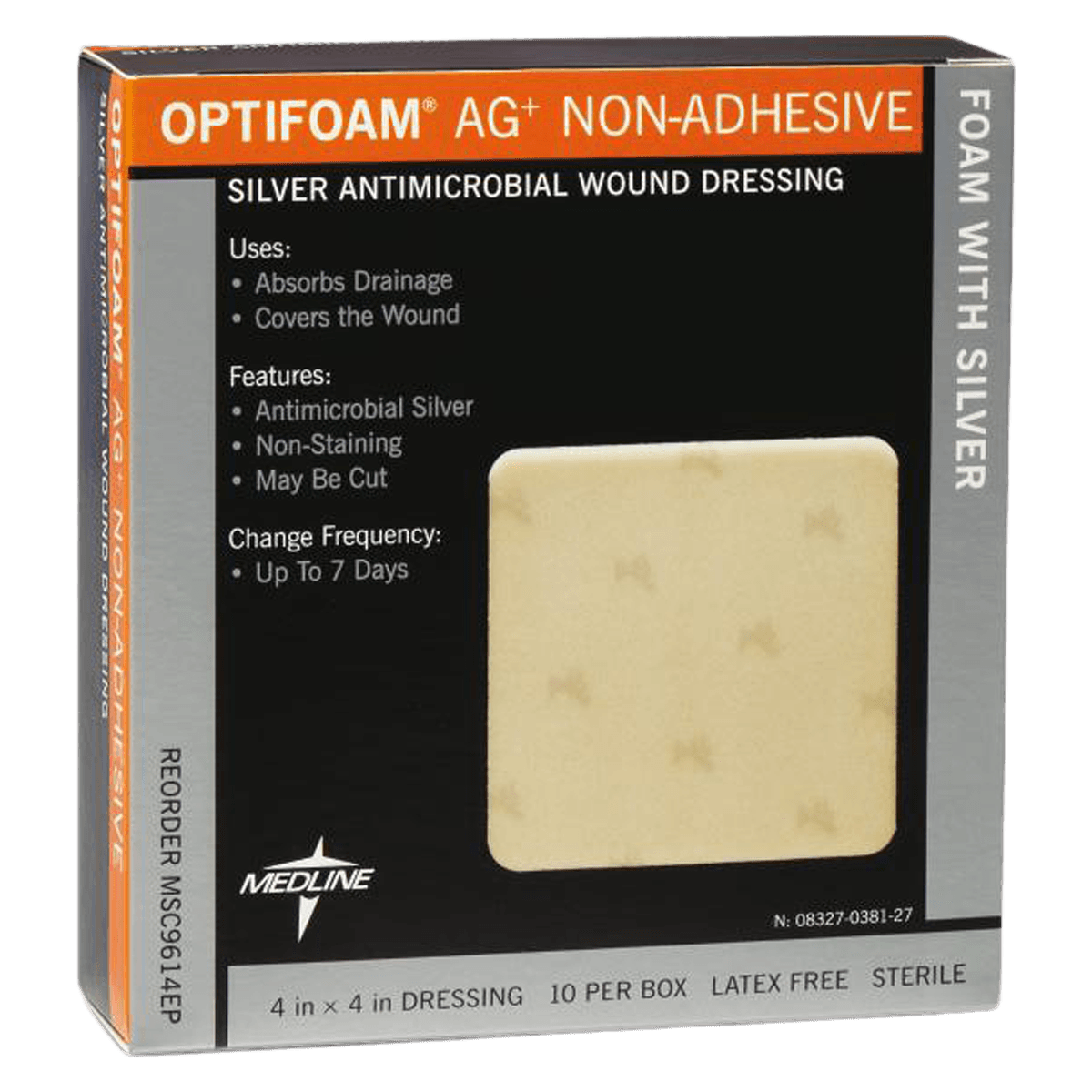 Medline Optifoam Ag Antimicrobial Foam Dressing, Non-Adherent, Adhesive, 4" x 4", Sterile