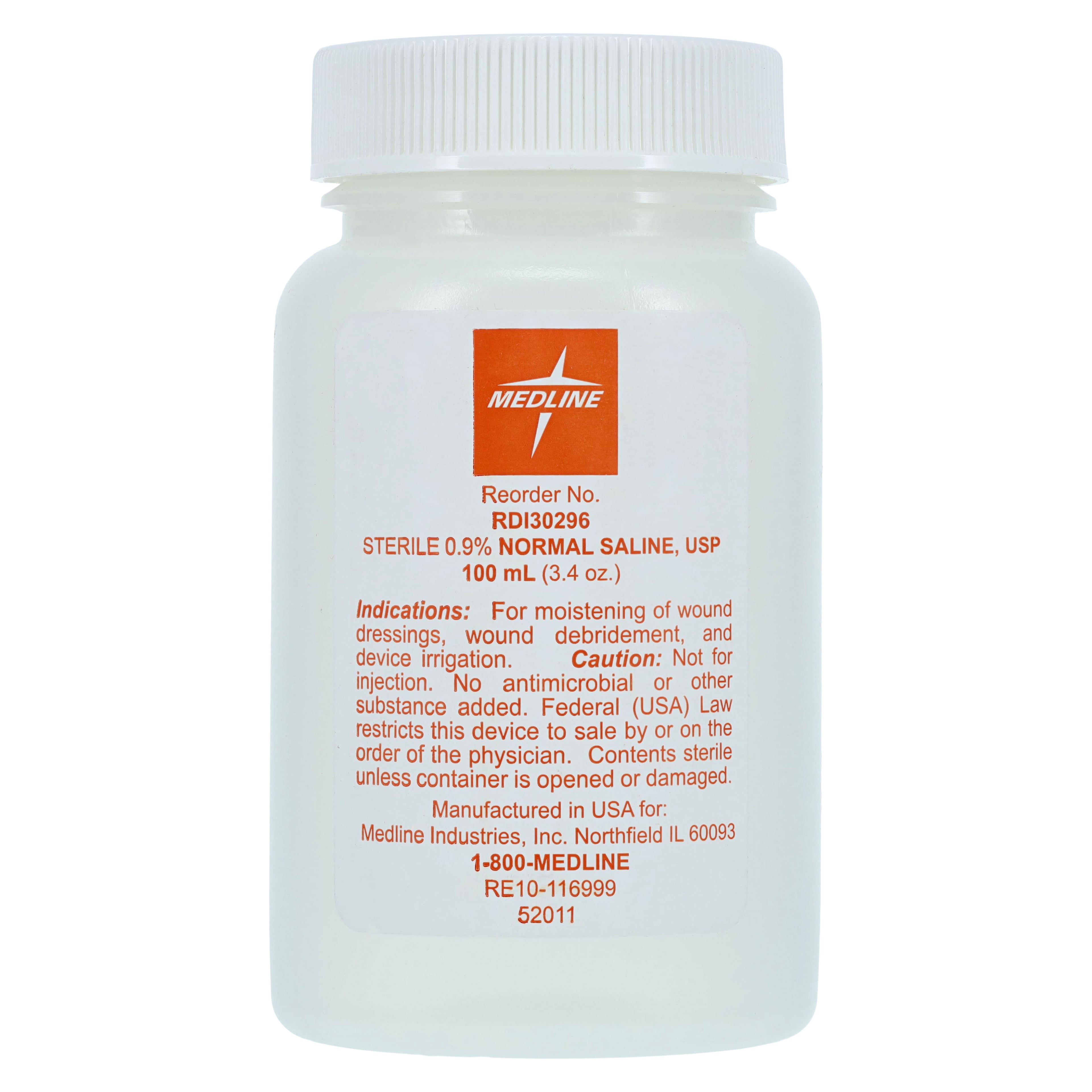Medline Sterile 0.9% Normal Saline Solution, 100mL Plastic Pour Bottle, Non-Latex, 48/Case