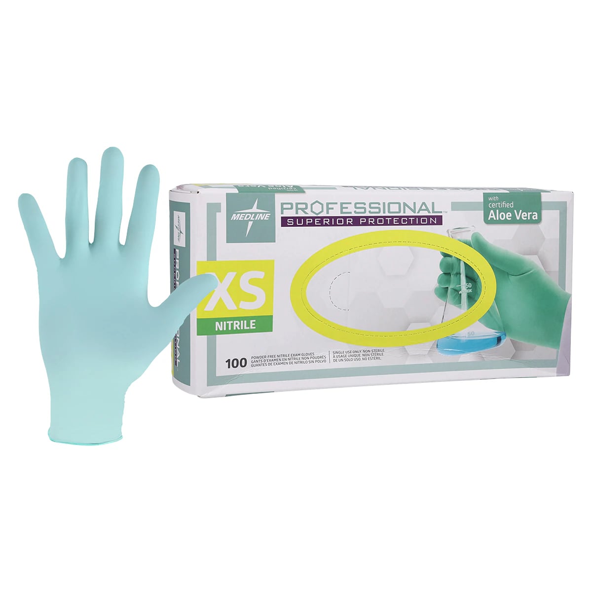 Medline Professional PF Nitrile Gloves, Powder Free, Non-Sterile, X-Small, Green, Chemo Tested