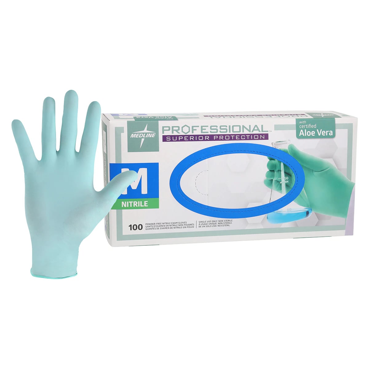 Medline Aloetouch Nitrile Exam Gloves, Powder Free, Non-Sterile, Medium, Green, 100/Box, PRO31762