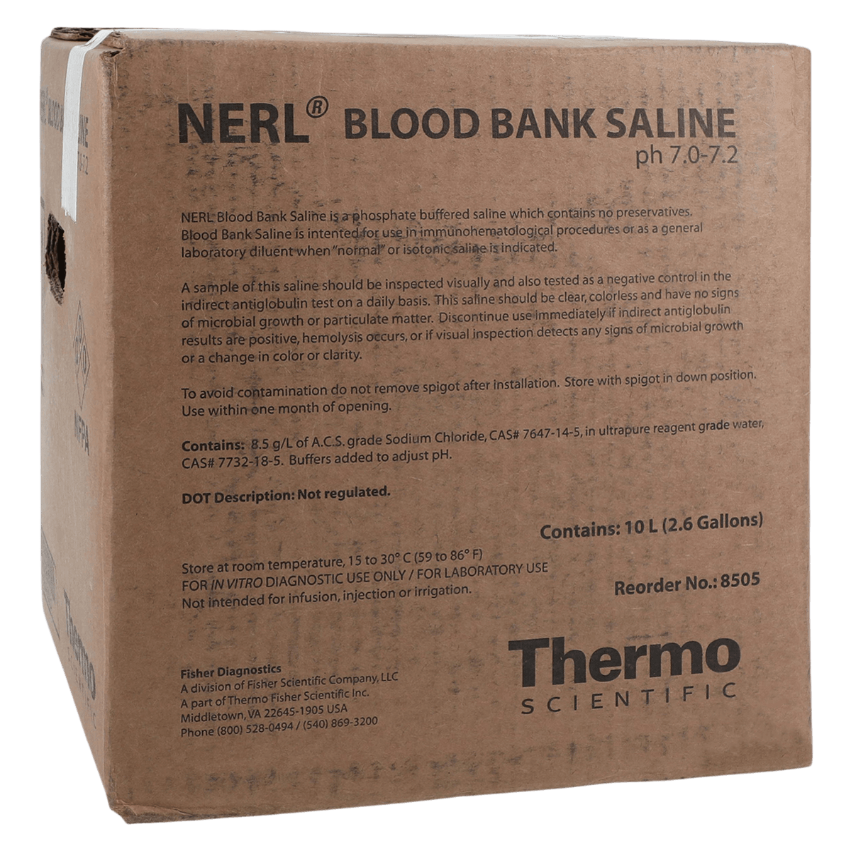 Nerl Diagnostic Corp Blood Bank Saline Solution, pH 7.0-7.2, 10L