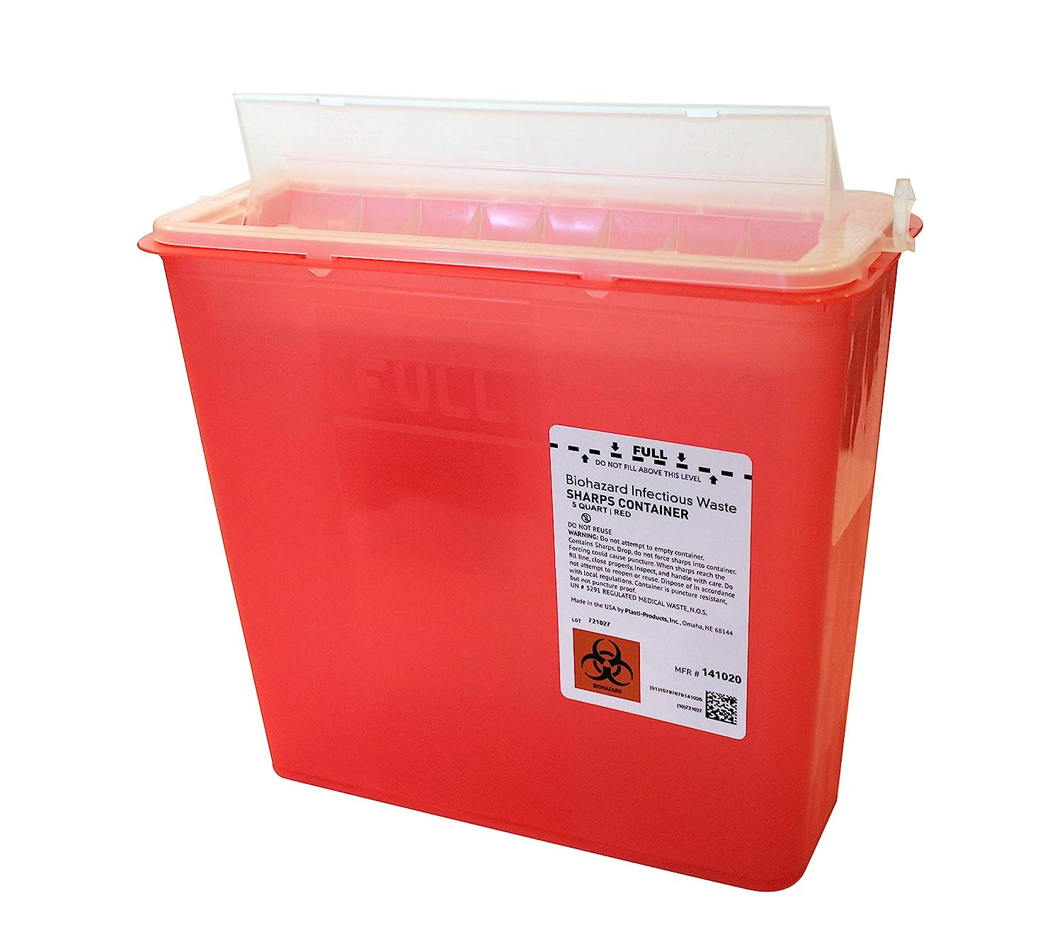 Plasti-Products 5 Qt Wall-Mounted Sharps Disposal Container, Red/Clear, Rotor Lid, Horizontal Drop, Nestable, 10.5"W x 4.75"D x 10.75"H