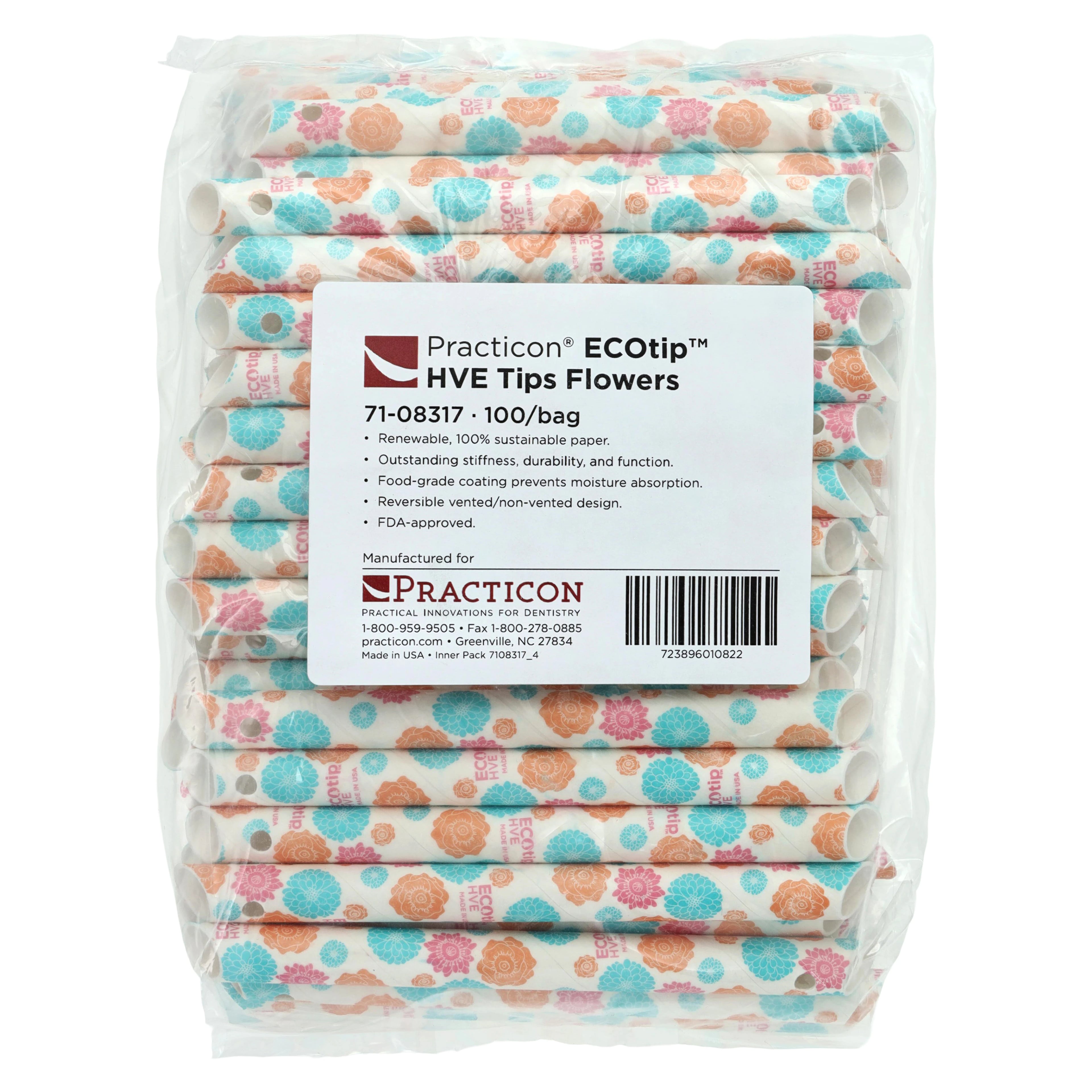 Practicon ECOtip Vented Flowers HVE Tips, Paper, 100/Bag, 7108317