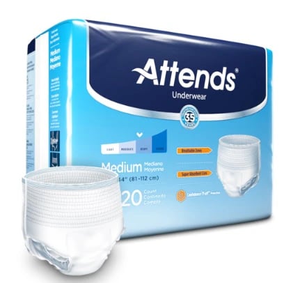 Attends Incontinence Underwear, Extra Absorbency, Unisex, Adult, Waist 34-44", White, Pull-Up, 80/Case