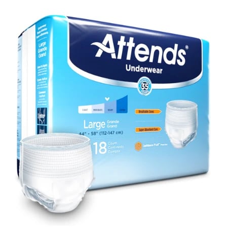 Attends Incontinence Underwear, Extra Absorbency, Unisex Adult, Large (44-58"), White, Pull-Up, 72/Case