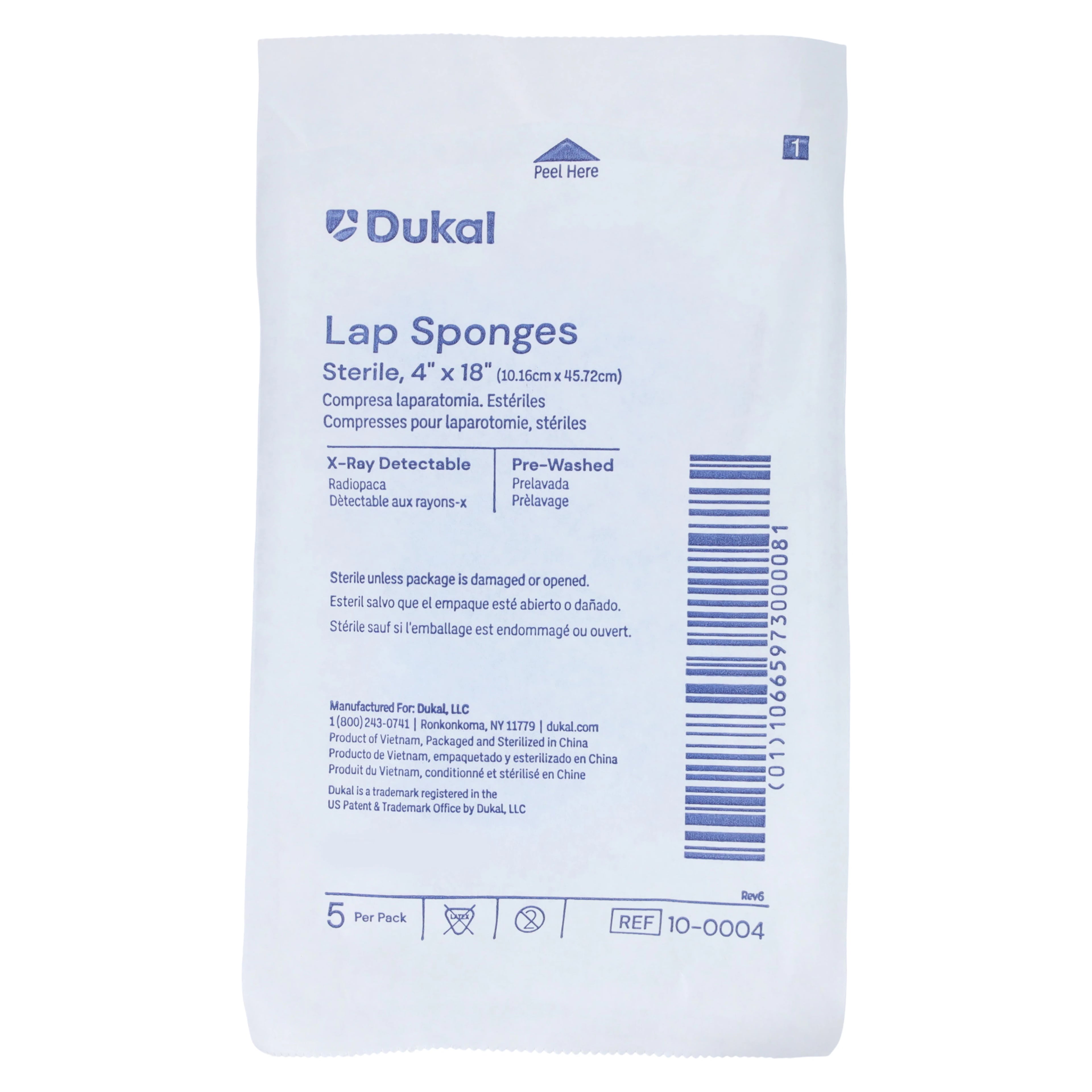 Dukal Pre-Washed Laparotomy Sponge, 4" x 18", Sterile, X-Ray Detectable