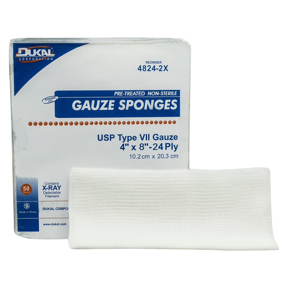 Dukal Cotton Gauze Sponge, X-Ray Detectable, 8x4", 24 Ply, Non-Sterile, Type VII