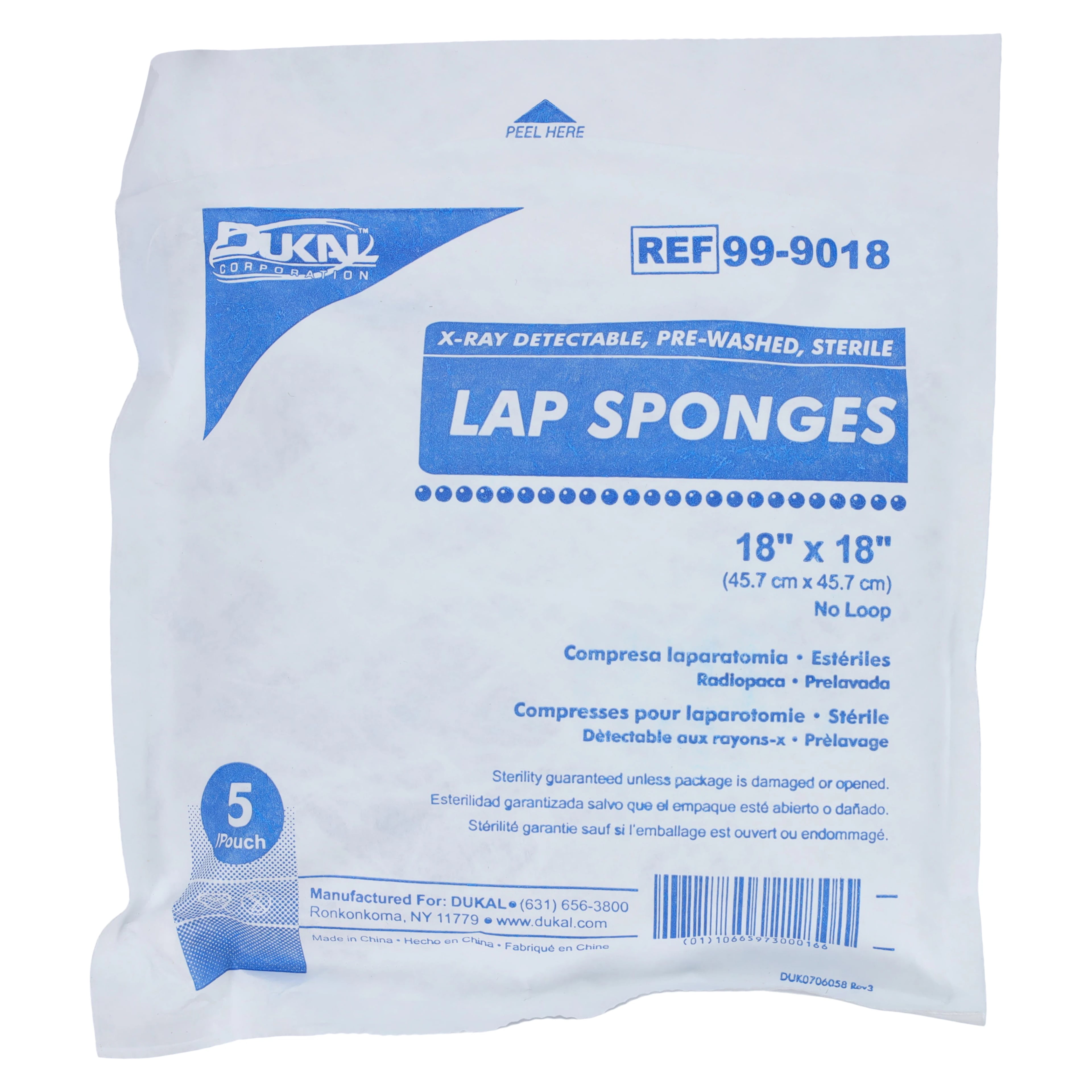 Dukal Pre-Washed Laparotomy Sponge, 18x18", Sterile, X-Ray Detectable, Cotton