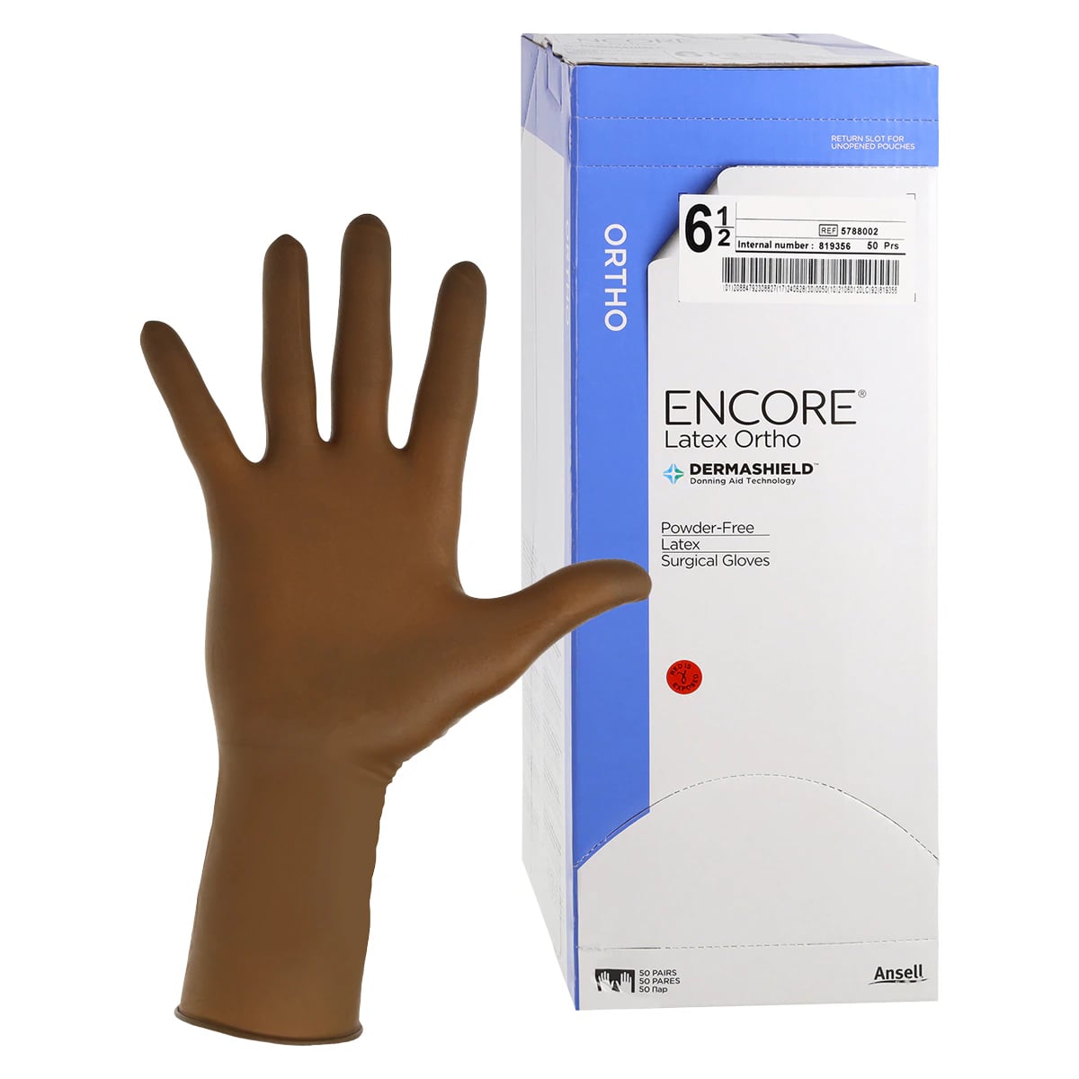 Encore Orthopaedic Latex Surgical Gloves, Size 6.5, Sterile, Powder-Free, Textured, Brown, Beaded Cuff, 50 Pairs/Box
