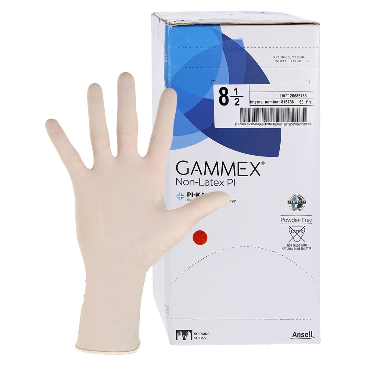 GAMMEX Non-Latex PI White Polyisoprene Surgical Gloves, Size 8-1/2, Sterile, Powder Free, 50 pairs/box, 20685785