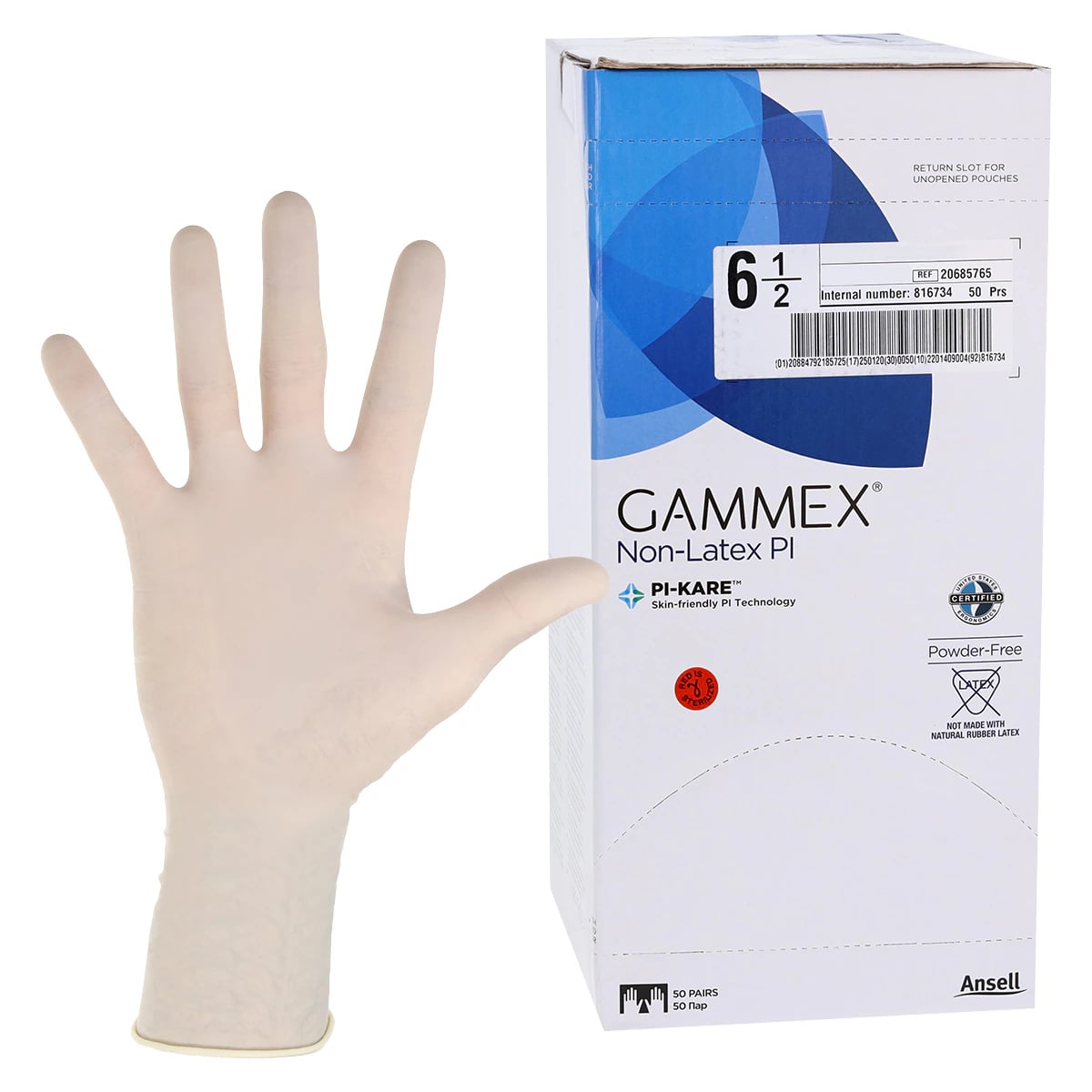 Ansell Gammex Non-Latex PI White Polyisoprene Surgical Gloves, Sterile, Powder Free, Size 6.5, 50 Pairs/Box, 20685765