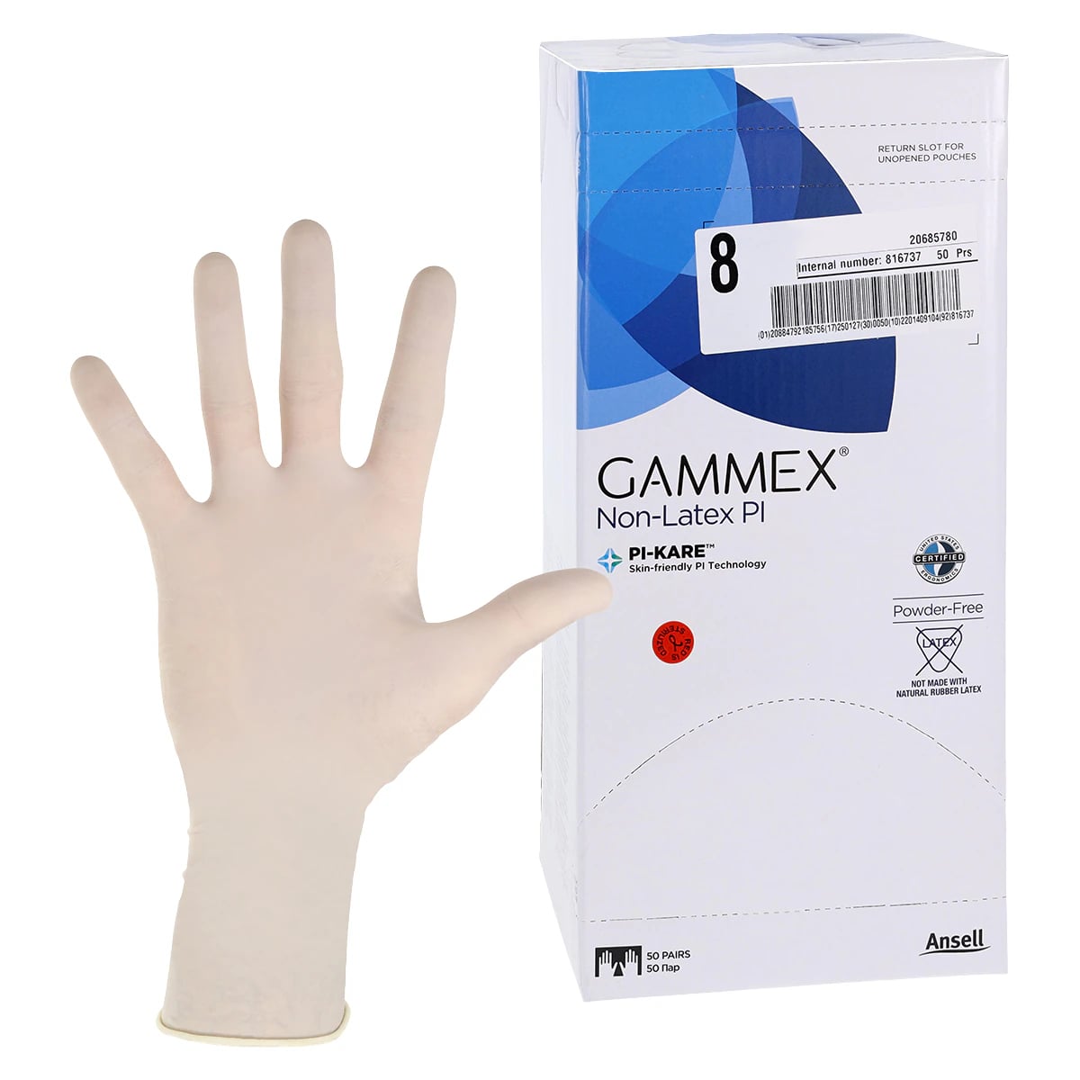 GAMMEX Non-Latex PI White Polyisoprene Surgical Gloves, Powder Free, Size 8, 50 Pairs/Box, 20685780
