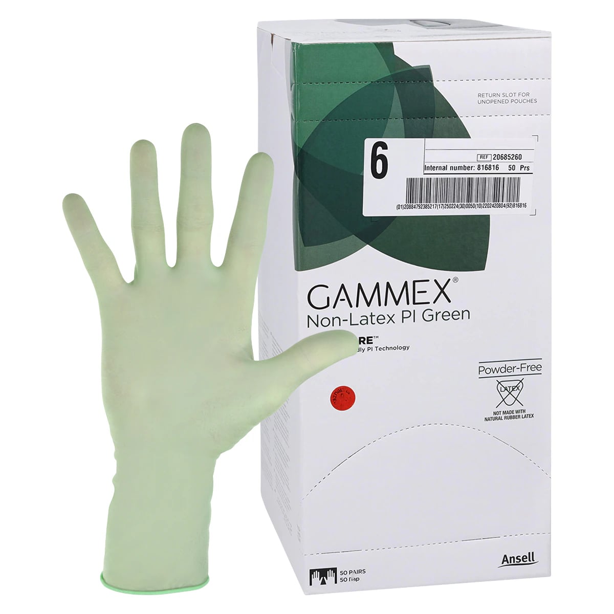 Gammex PI Green Polyisoprene Surgical Gloves, Sterile, Powder-Free, Fitted Size 6.0, Green, 50 Pairs/Box, 20685260