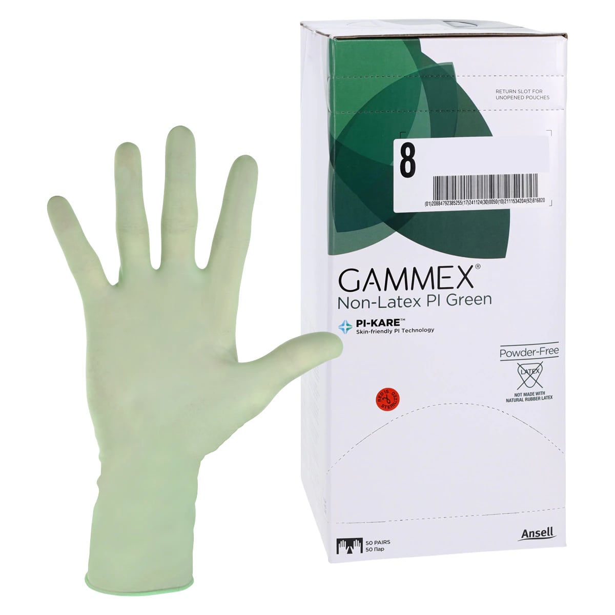 GAMMEX Non-Latex PI Green Polyisoprene Surgical Gloves, Sterile, Powder Free, Size 8.0, 50 Pairs/Box, 20685280