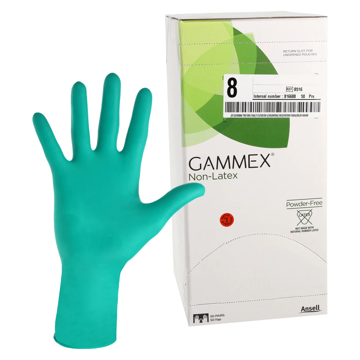 Gammex Non-Latex Neoprene Surgical Gloves, Sterile, Powder-Free, Size 8.0, Green, 50 Pairs/Box, 4 Boxes/Case, 8516