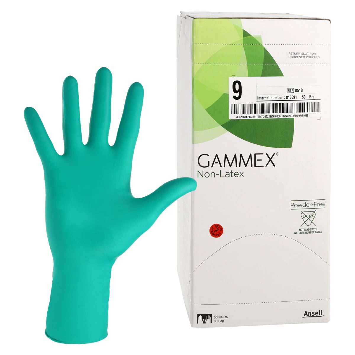 GAMMEX Non-Latex Neoprene Surgical Gloves, Powder-Free, Sterile, Size 9, Dark Green, 50 Pairs/Box, 8518