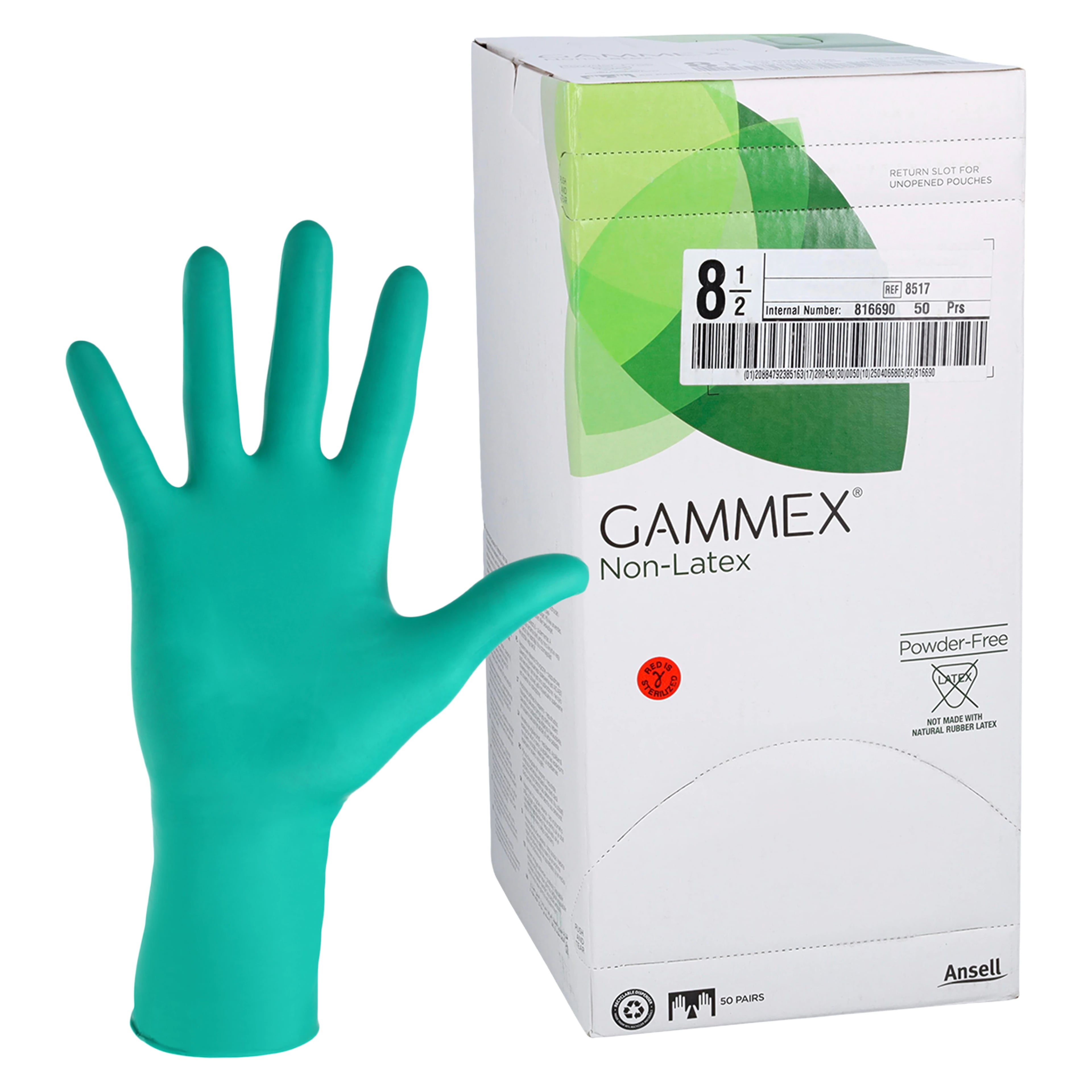 GAMMEX Non-Latex Neoprene Surgical Gloves, Powder-Free, Sterile, Size 8.5, Dark Green, 50 Pairs/Box, 8517