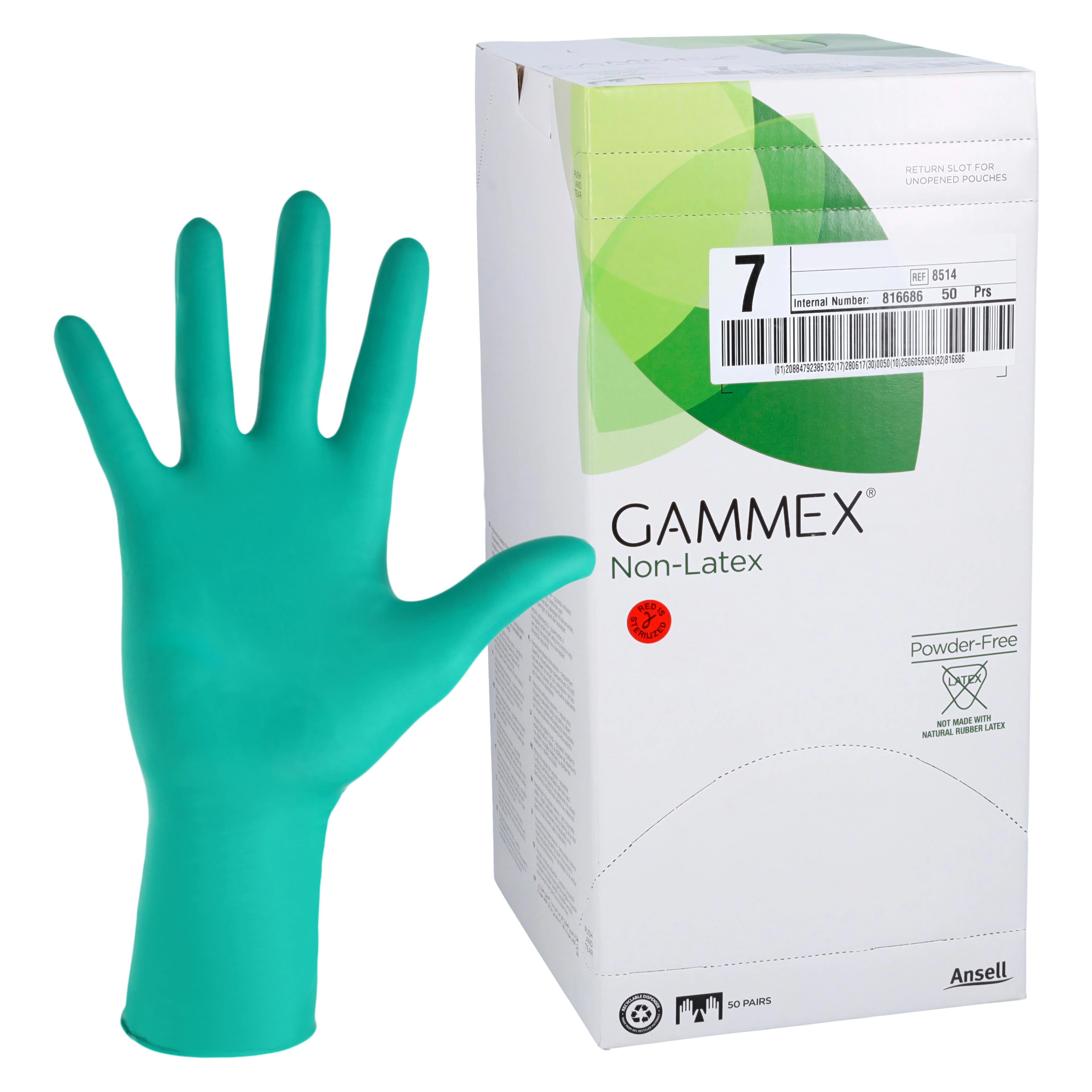 GAMMEX Non-Latex Neoprene Surgical Gloves, Powder-Free, Sterile, Size 7, Green, 50 Pairs/Box, 8514