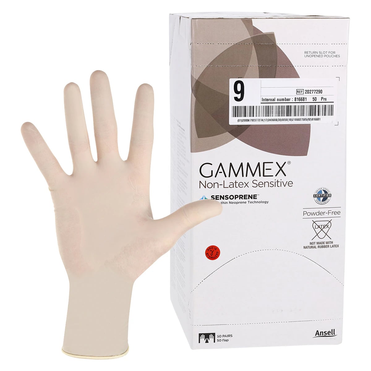 GAMMEX Non-Latex Sensitive Neoprene Surgical Gloves, Sterile, Powder-Free, Fitted Size 9.0, Natural, 50 Pairs/Box, 20277290