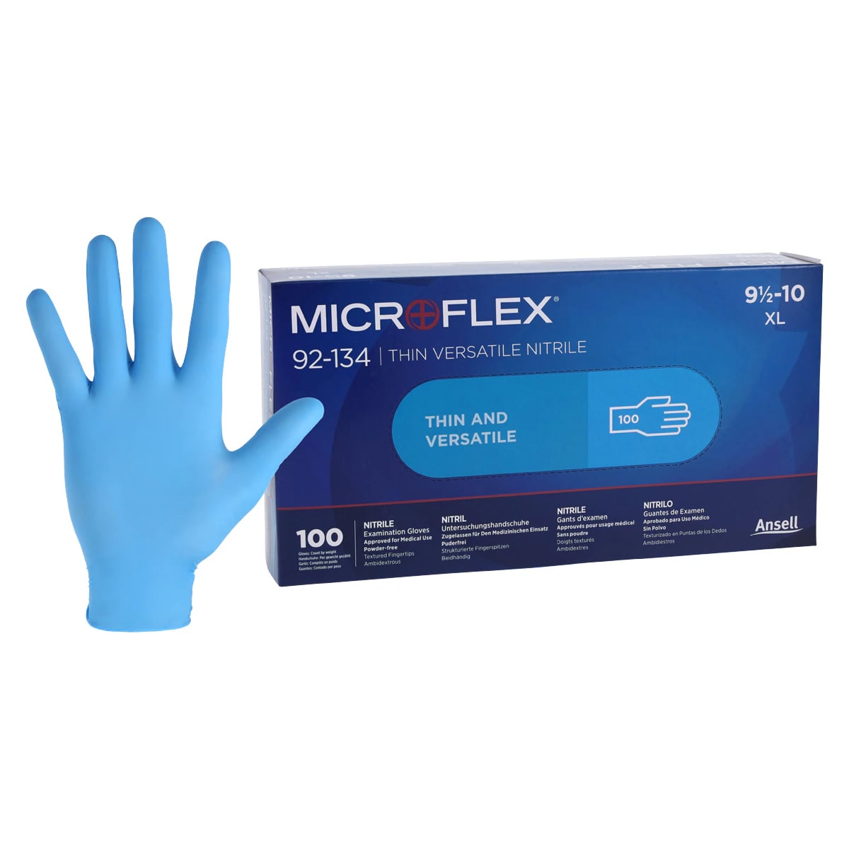 Ansell Microflex 92-134 Versatility Nitrile Exam Gloves, Powder Free, Textured, Non-Sterile, Extra Large (9.5-10), Light Blue, 100/Box, 92134100