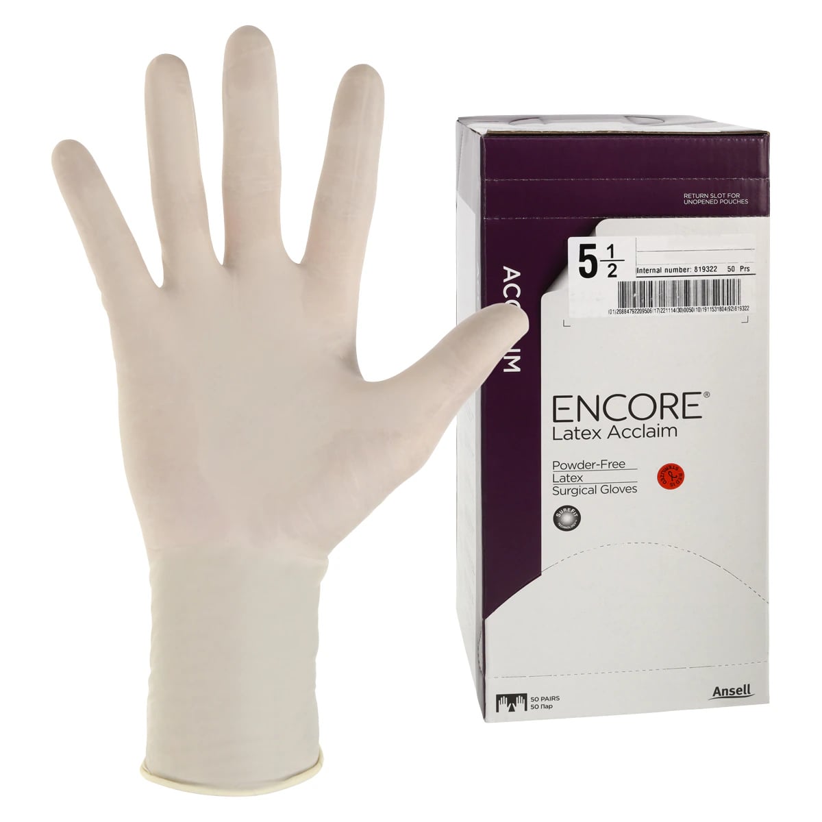 Encore Acclaim Latex Surgical Gloves, Sterile, Powder-Free, Fitted Size 5.5, Natural, 50 Pairs/Box