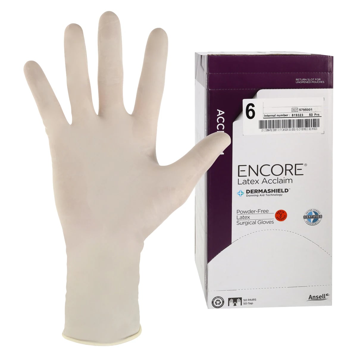 ENCORE™ Latex Acclaim Surgical Gloves, Sterile, Powder-Free, Fitted Size 6.0, Natural, 50 Pairs/Box